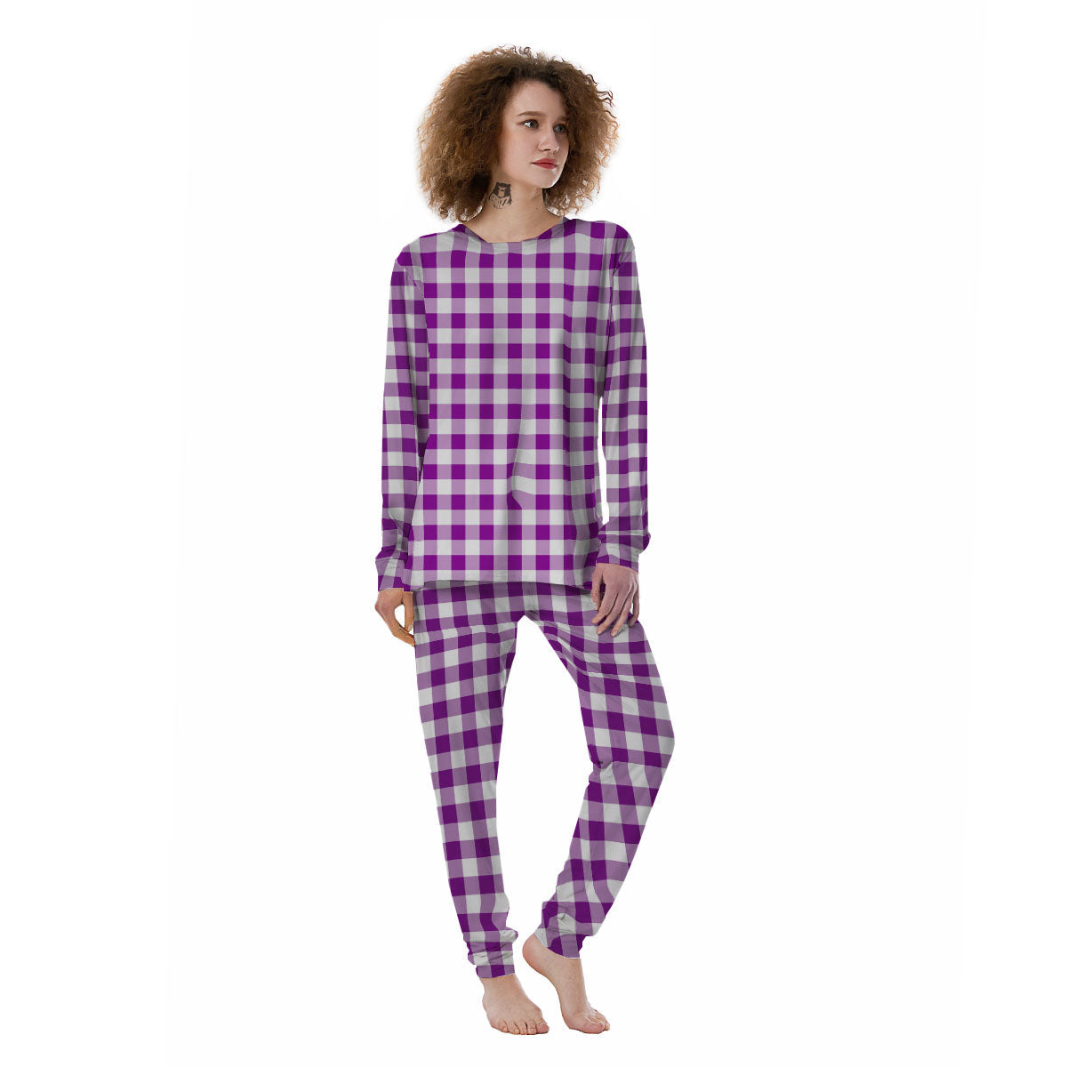 Checkered White And Purple Print Pattern Women's Pajamas-grizzshop