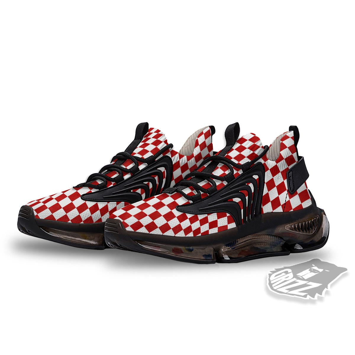 Checkered White And Red Print Pattern Black Gym Shoes-grizzshop