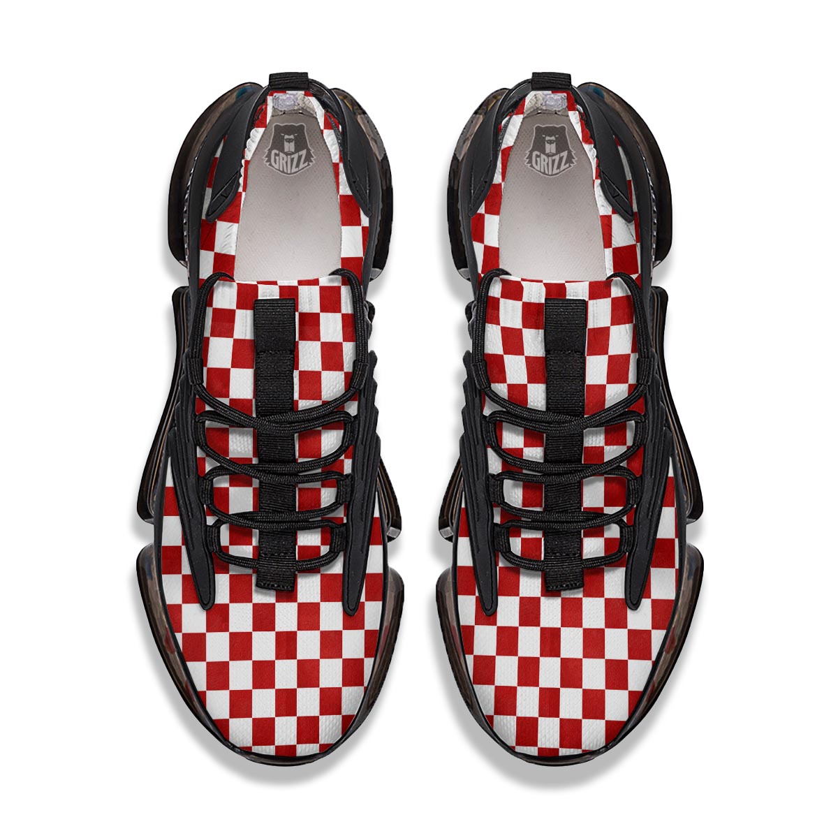 Checkered White And Red Print Pattern Black Gym Shoes-grizzshop