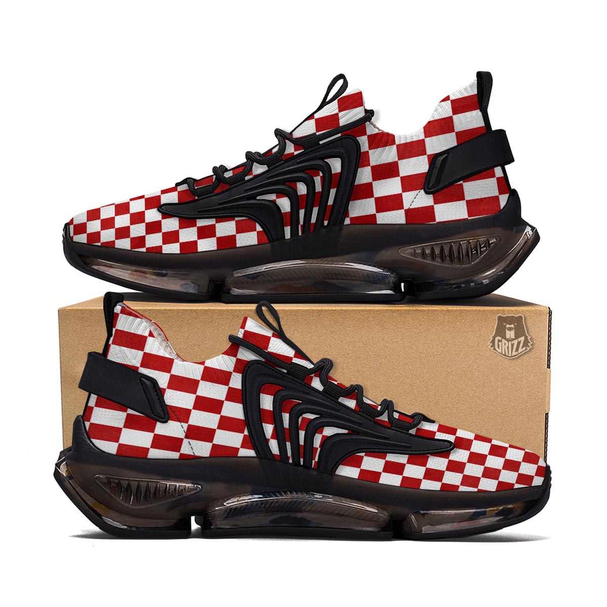 Checkered White And Red Print Pattern Black Gym Shoes-grizzshop