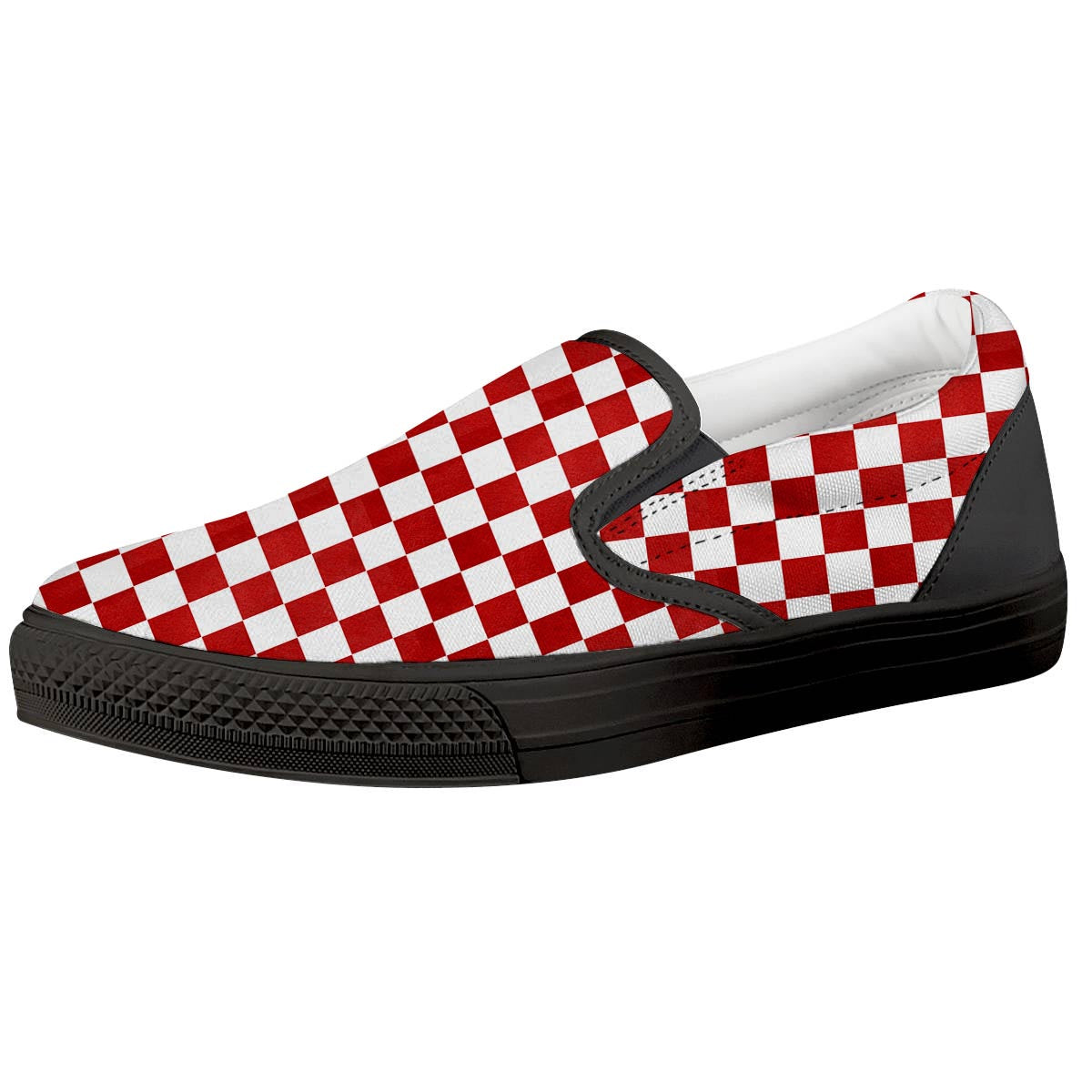 Checkered White And Red Print Pattern Black Slip On Shoes-grizzshop