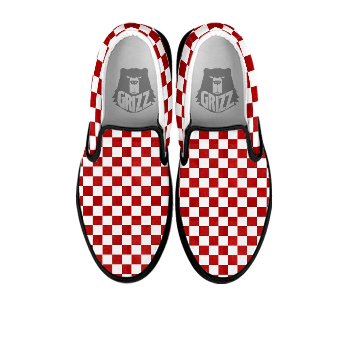 Checkered White And Red Print Pattern Black Slip On Shoes-grizzshop