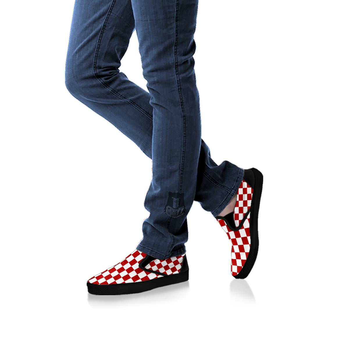 Checkered White And Red Print Pattern Black Slip On Shoes-grizzshop