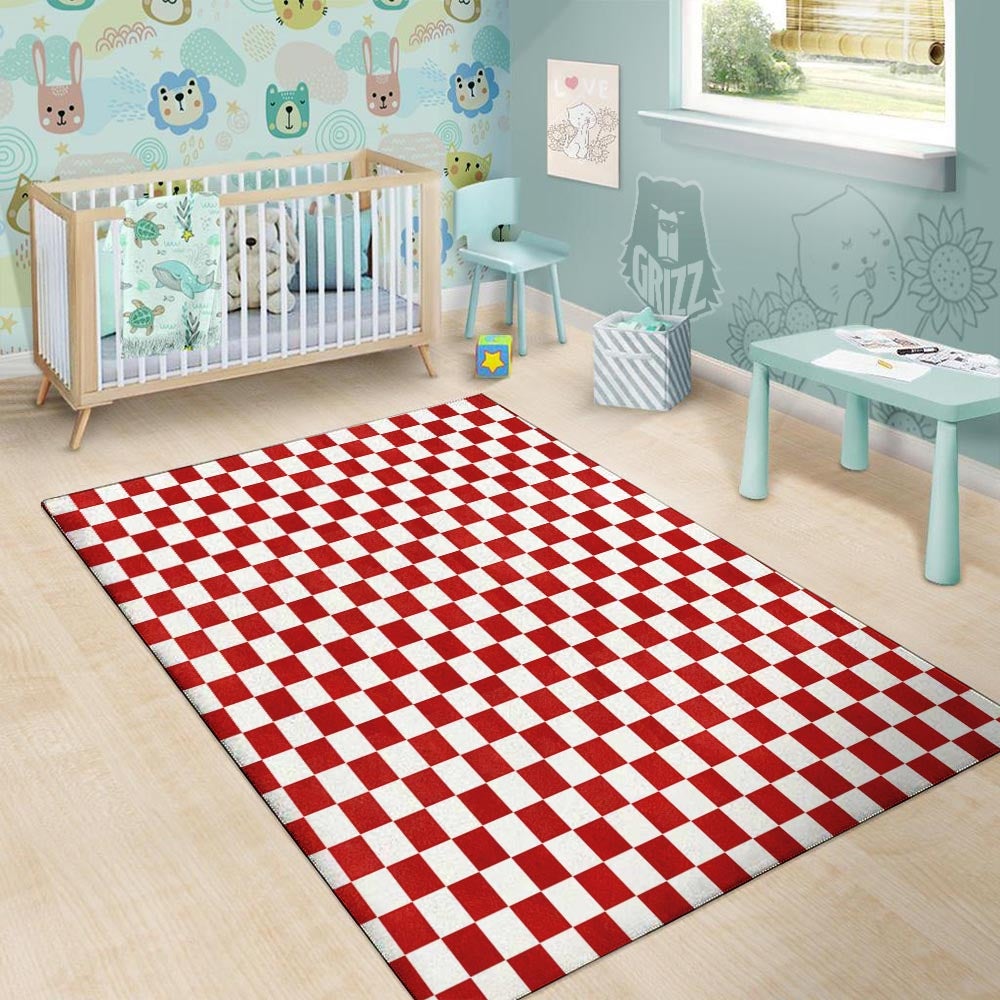 Checkered White And Red Print Pattern Floor Mat-grizzshop