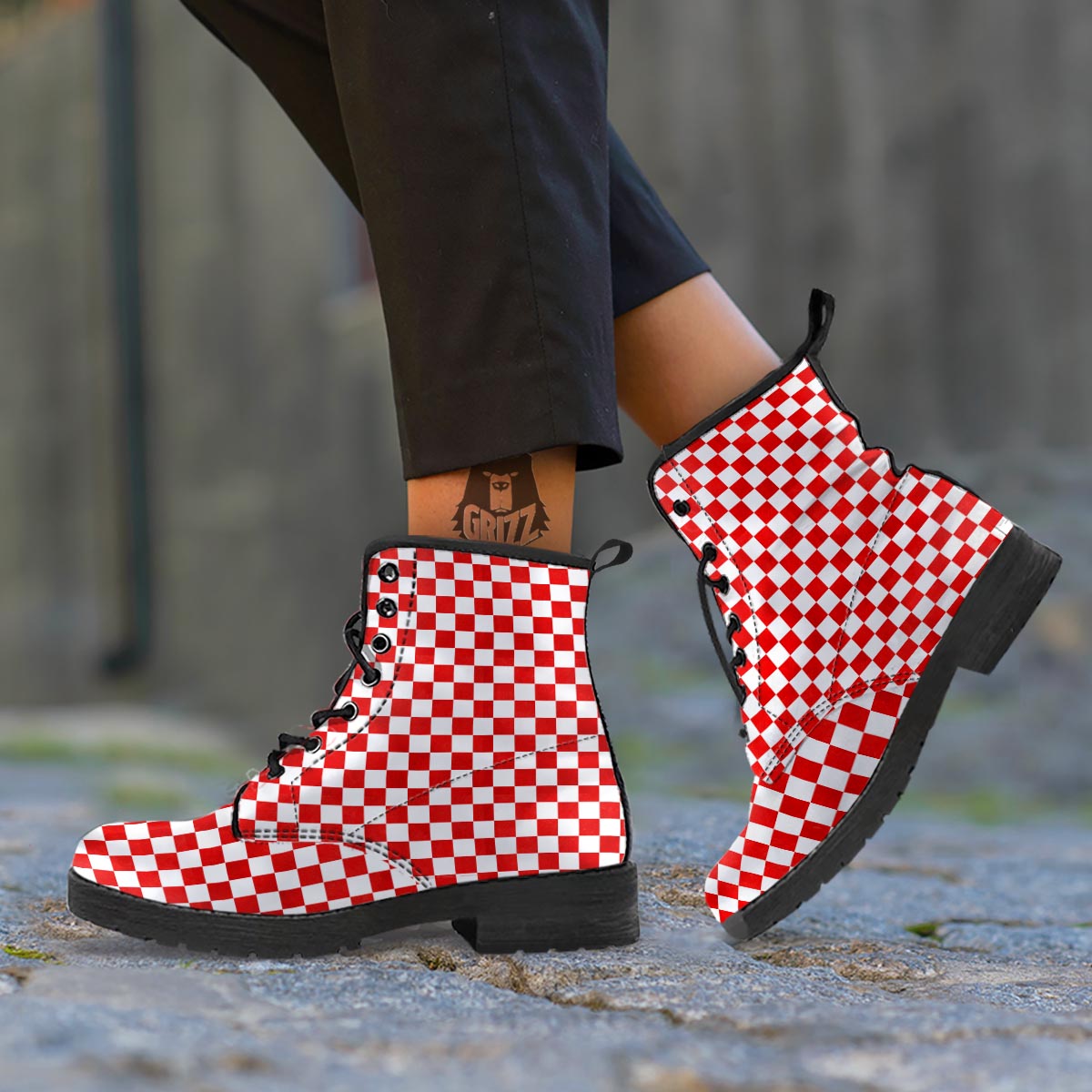 Checkered White And Red Print Pattern Leather Boots-grizzshop