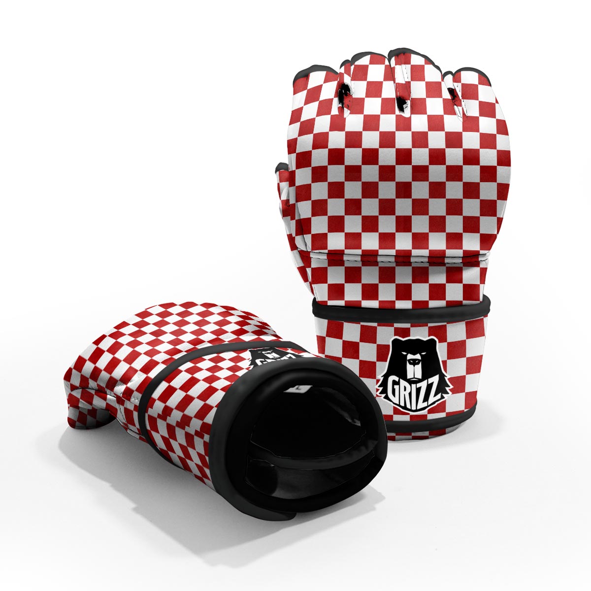 Checkered White And Red Print Pattern MMA Gloves-grizzshop