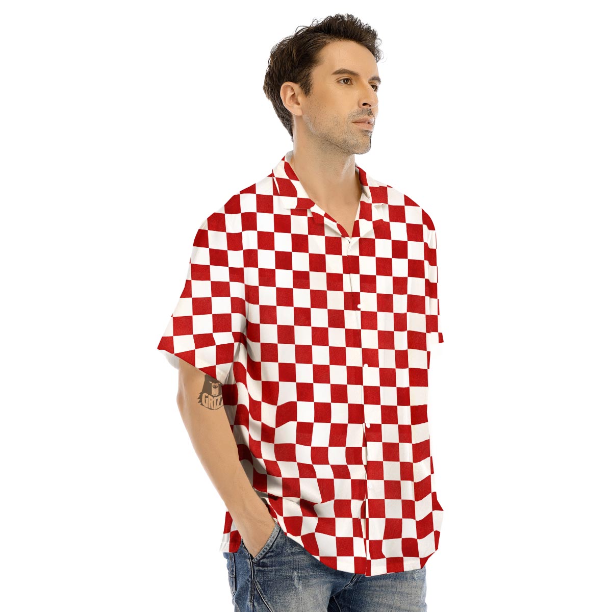 Checkered White And Red Print Pattern Men's Hawaiian Shirt-grizzshop