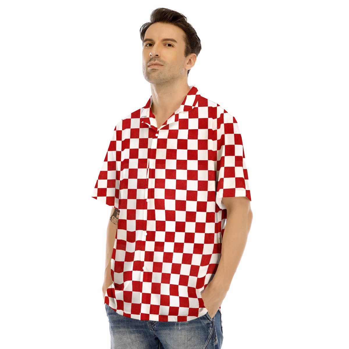 Checkered White And Red Print Pattern Men's Hawaiian Shirt-grizzshop