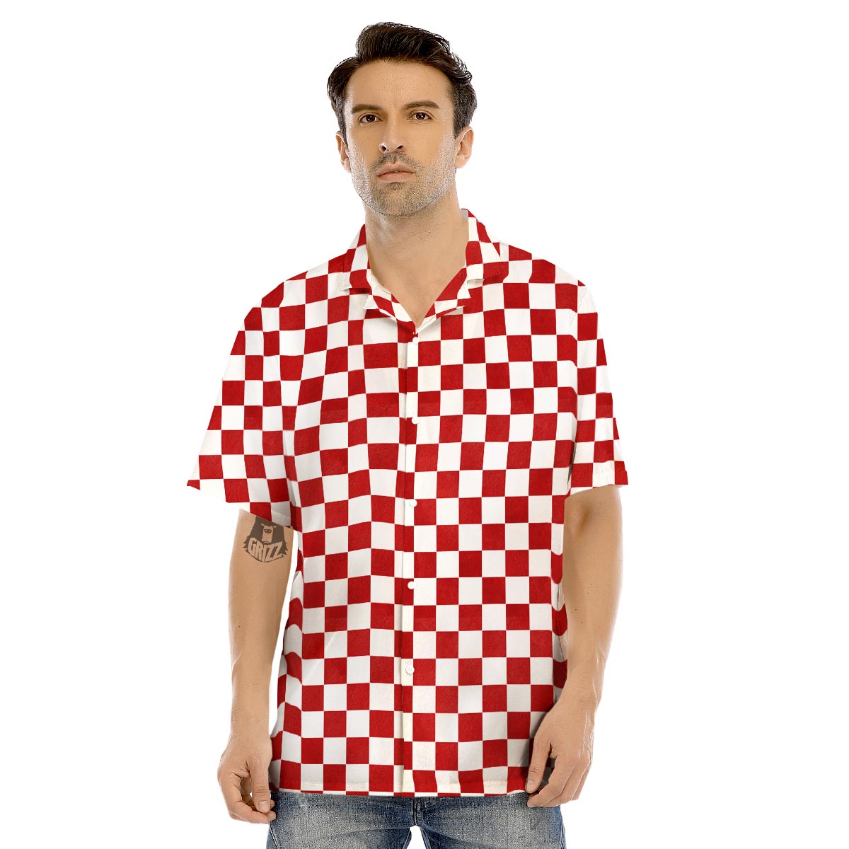 Checkered White And Red Print Pattern Men's Hawaiian Shirt-grizzshop