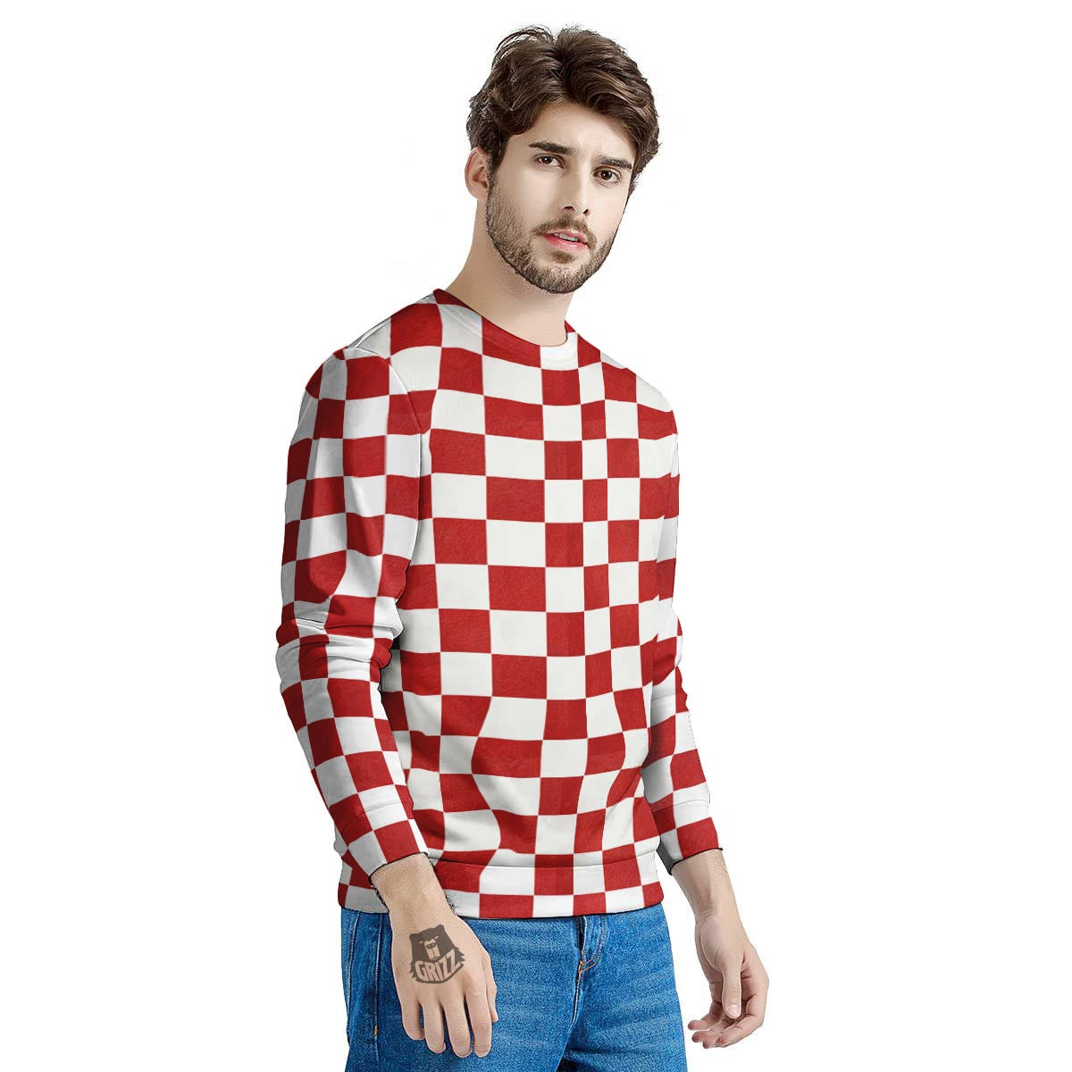Checkered White And Red Print Pattern Men's Sweatshirt-grizzshop