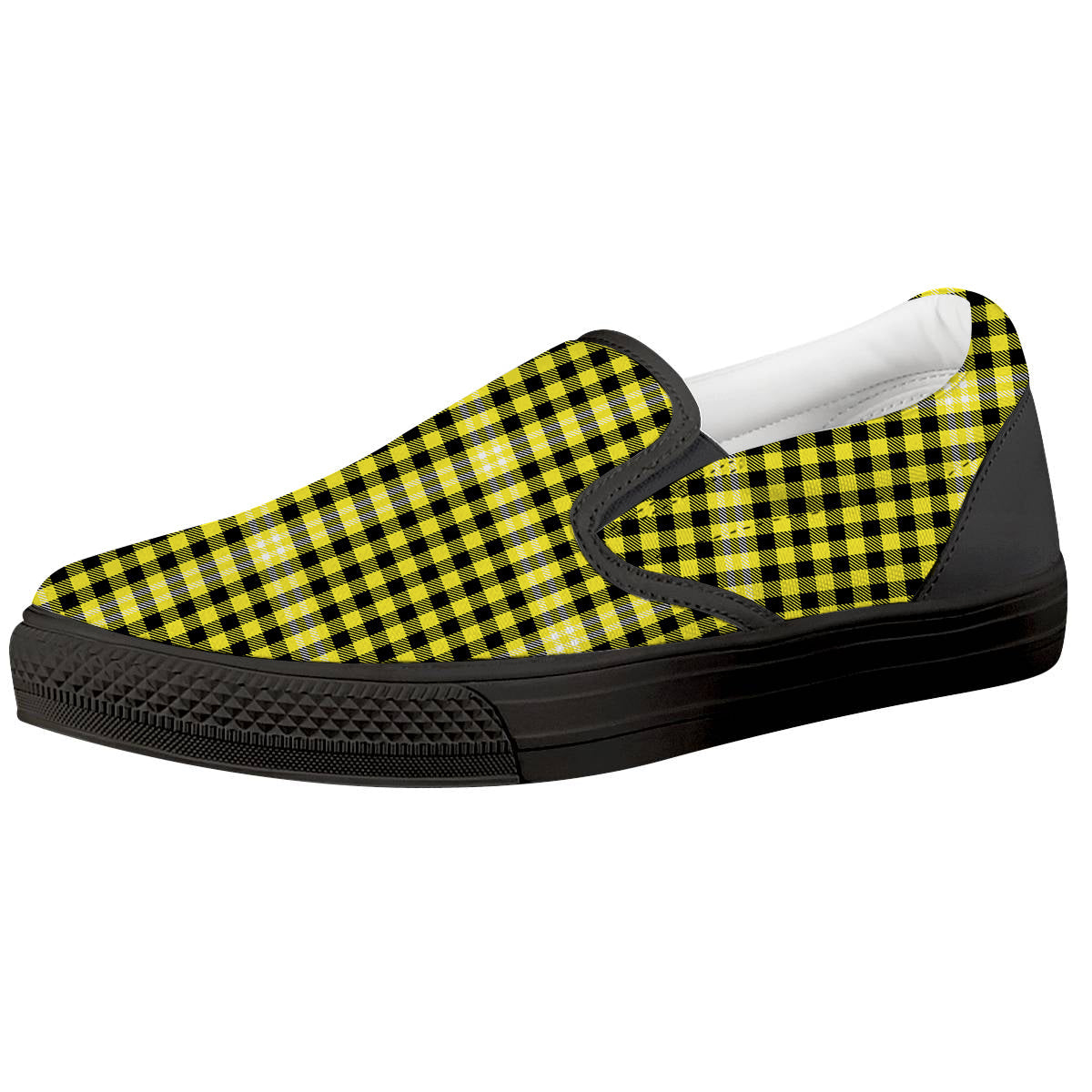 Checkered Yellow And Black Print Pattern Black Slip On Shoes-grizzshop