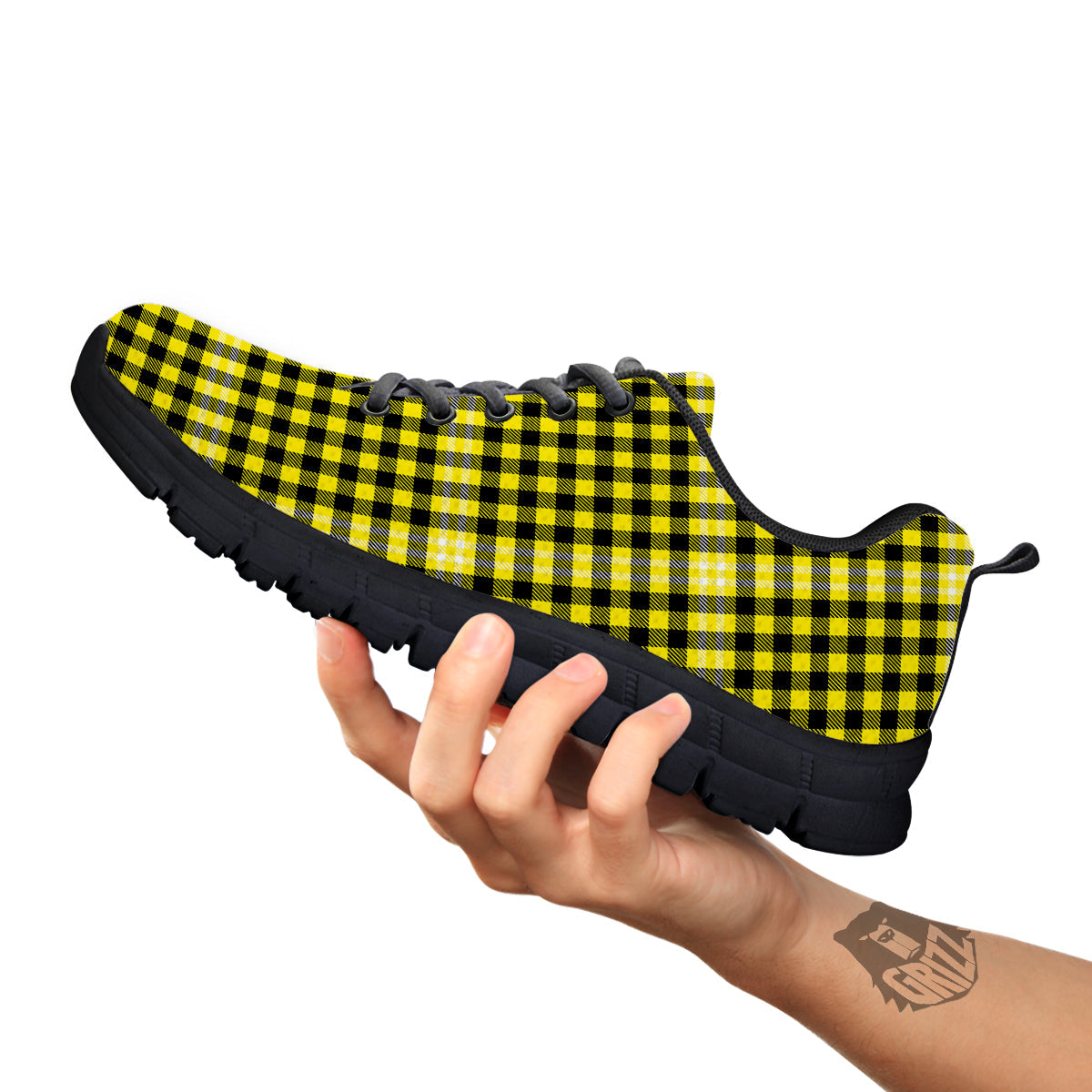 Checkered Yellow And Black Print Pattern Black Sneaker-grizzshop