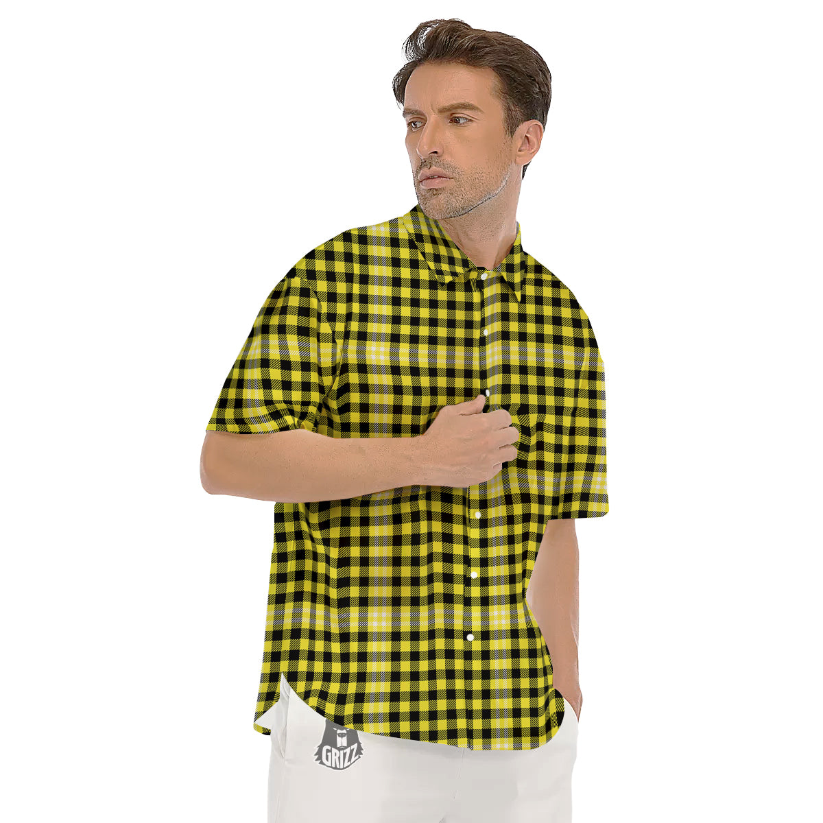 Checkered Yellow And Black Print Pattern Men's Short Sleeve Shirts-grizzshop