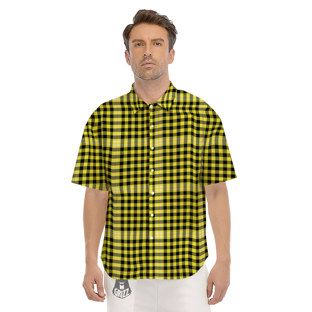 Checkered Yellow And Black Print Pattern Men's Short Sleeve Shirts-grizzshop