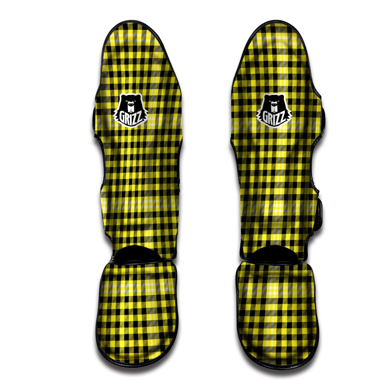 Checkered Yellow And Black Print Pattern Muay Thai Shin Guards-grizzshop