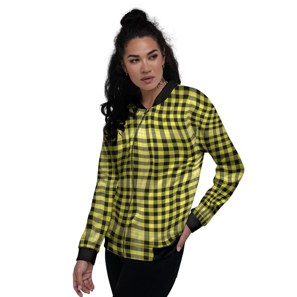 Checkered Yellow And Black Print Pattern Women's Bomber Jacket-grizzshop