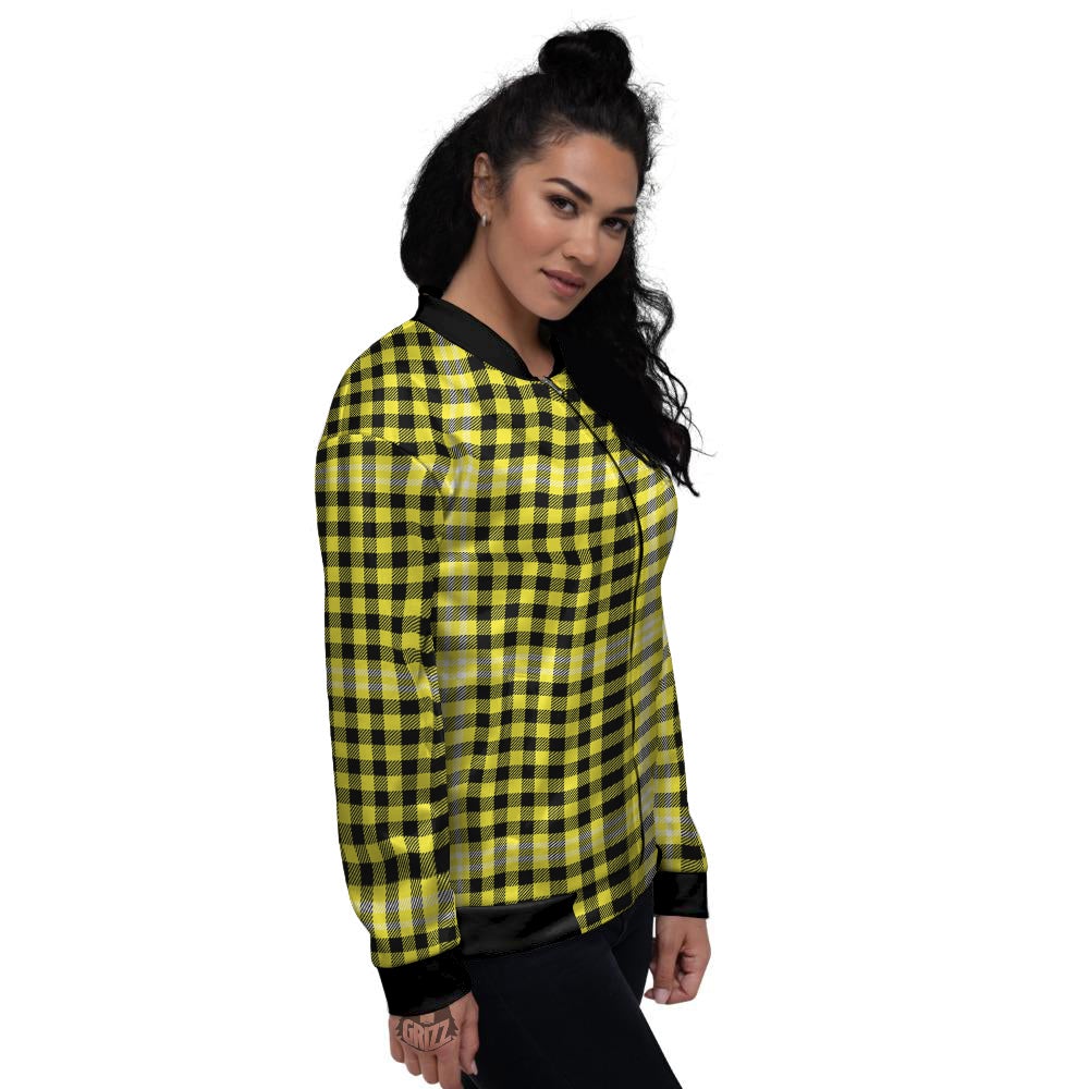Checkered Yellow And Black Print Pattern Women's Bomber Jacket-grizzshop