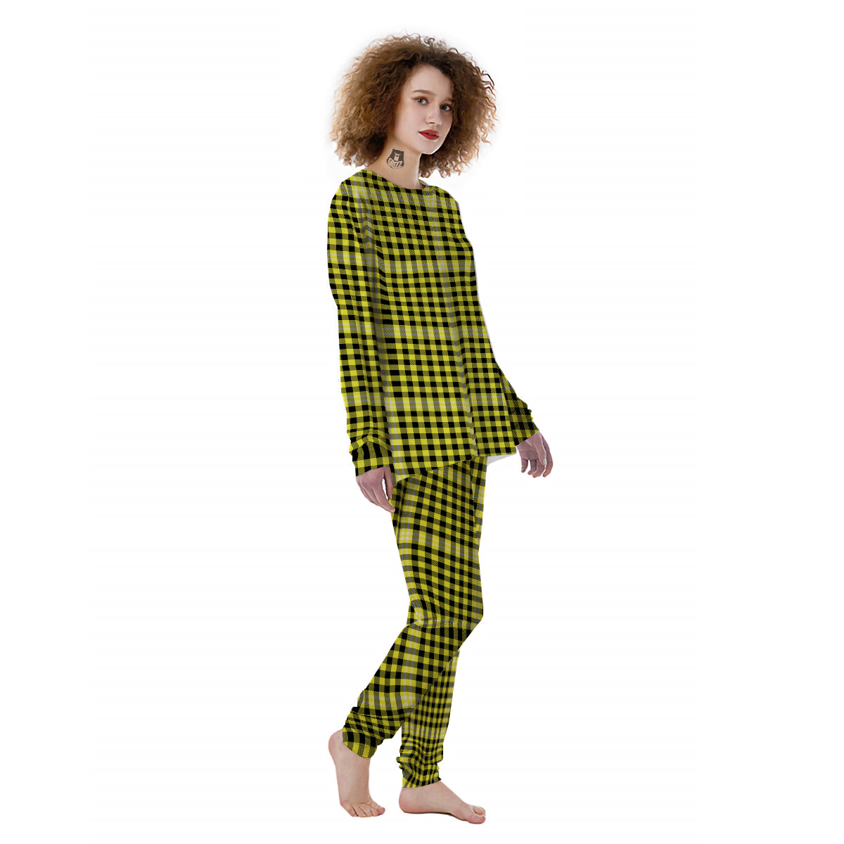 Checkered Yellow And Black Print Pattern Women's Pajamas-grizzshop