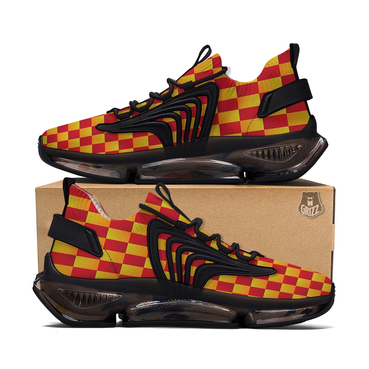 Checkered Yellow And Red Print Pattern Black Gym Shoes-grizzshop