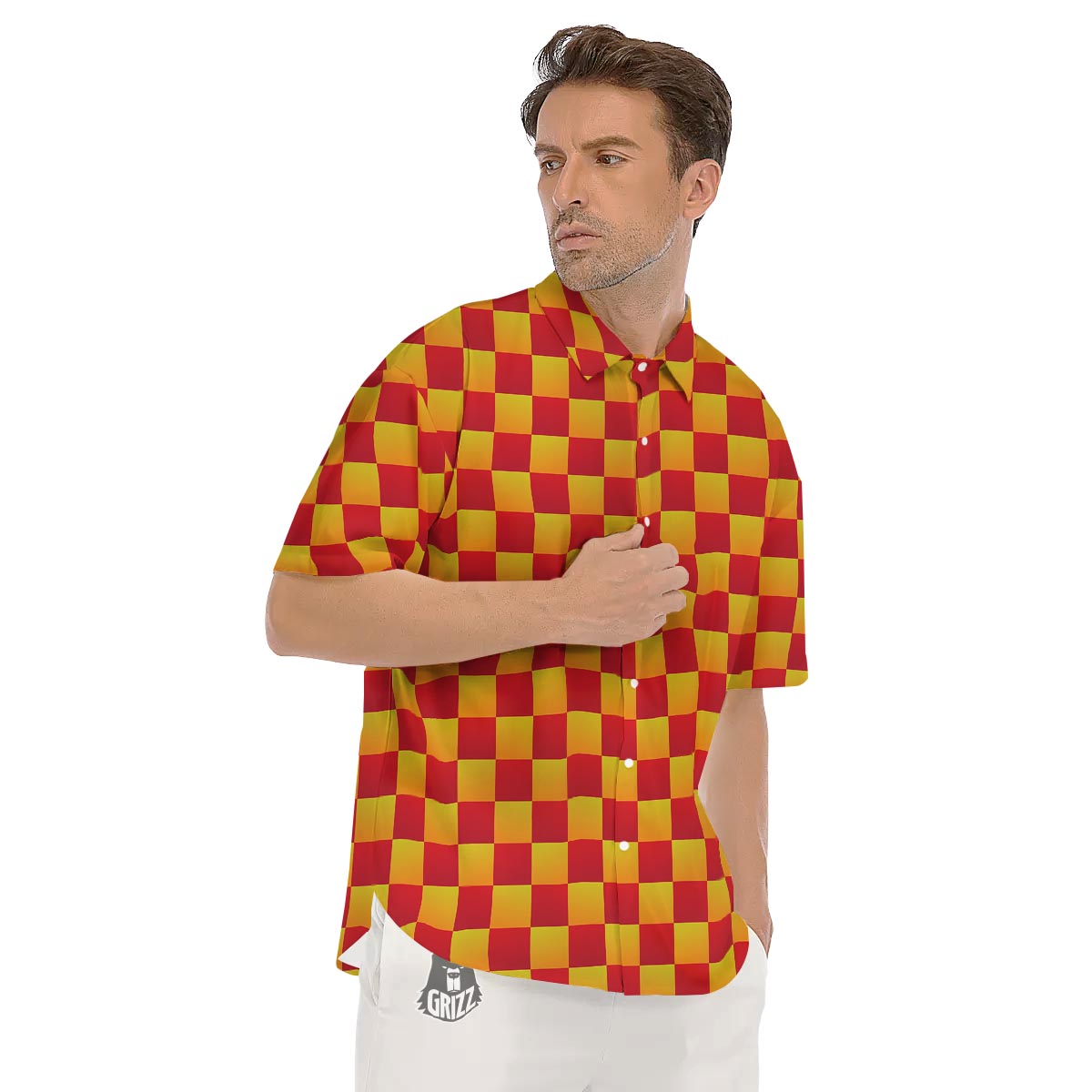 Checkered Yellow And Red Print Pattern Men's Short Sleeve Shirts-grizzshop