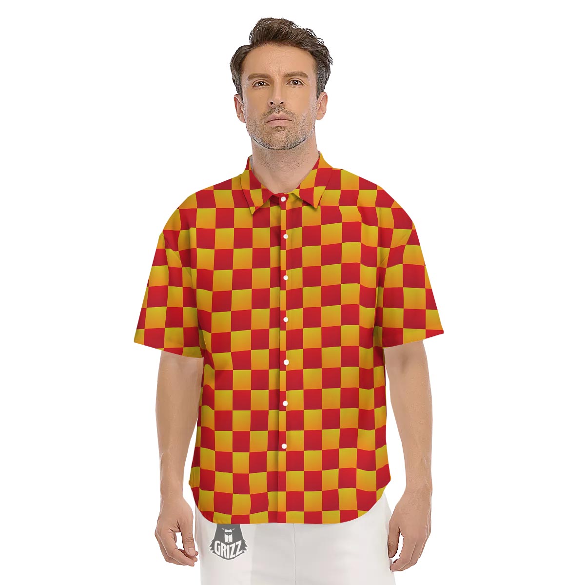 Checkered Yellow And Red Print Pattern Men's Short Sleeve Shirts-grizzshop