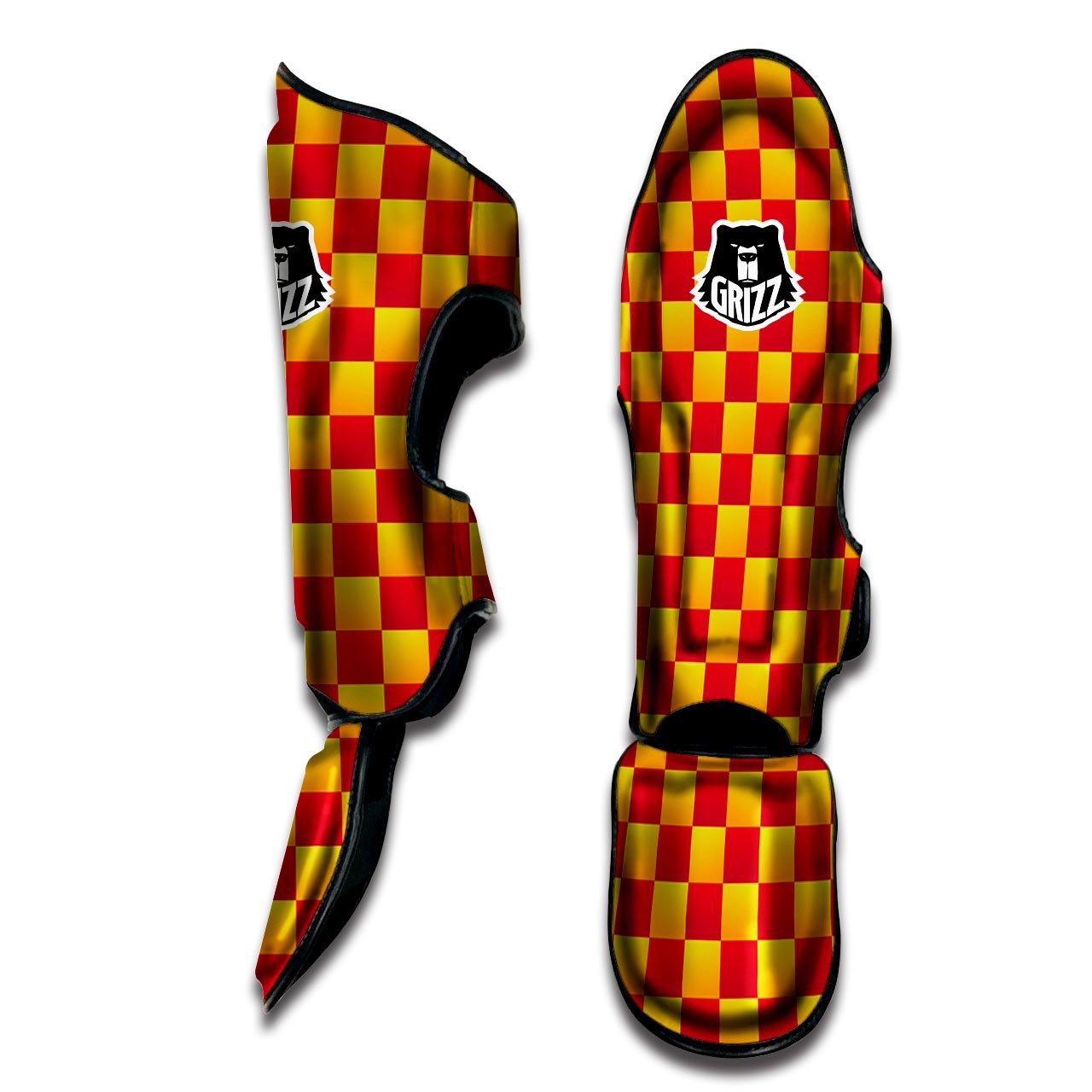 Checkered Yellow And Red Print Pattern Muay Thai Shin Guards-grizzshop