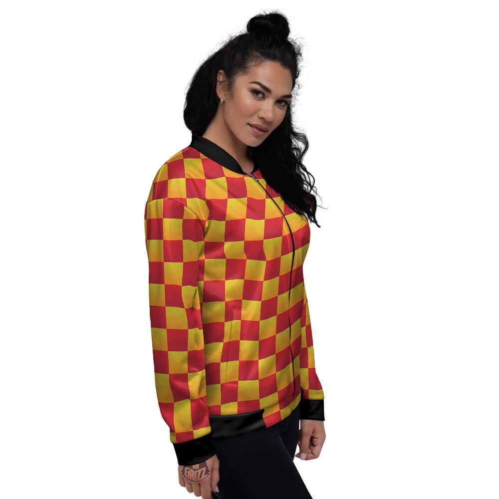 Checkered Yellow And Red Print Pattern Women's Bomber Jacket-grizzshop