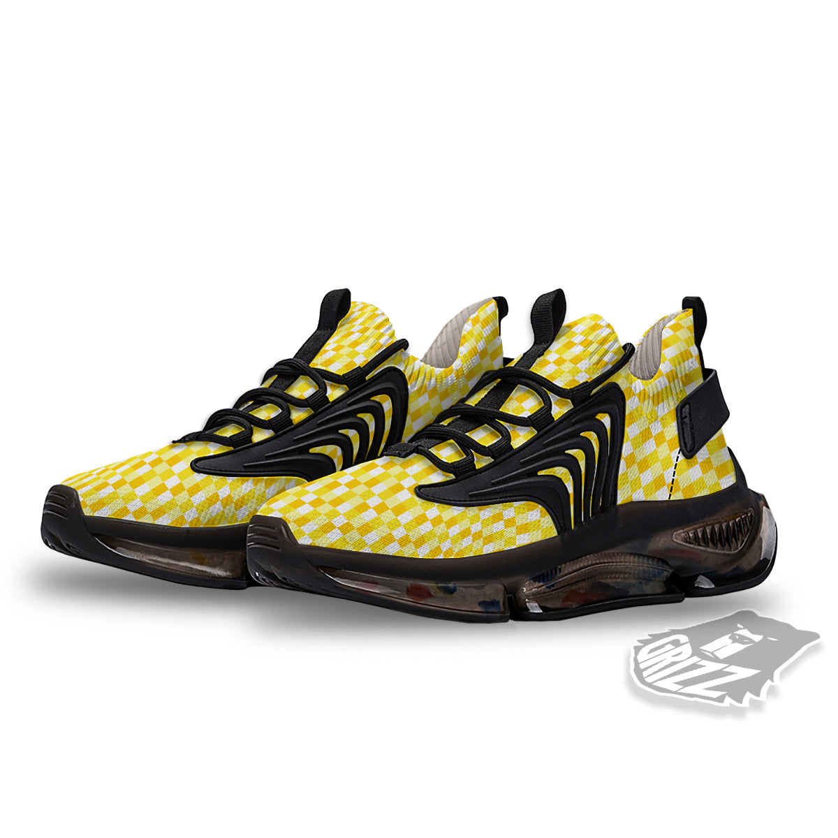 Checkered Yellow And White Print Pattern Black Gym Shoes-grizzshop