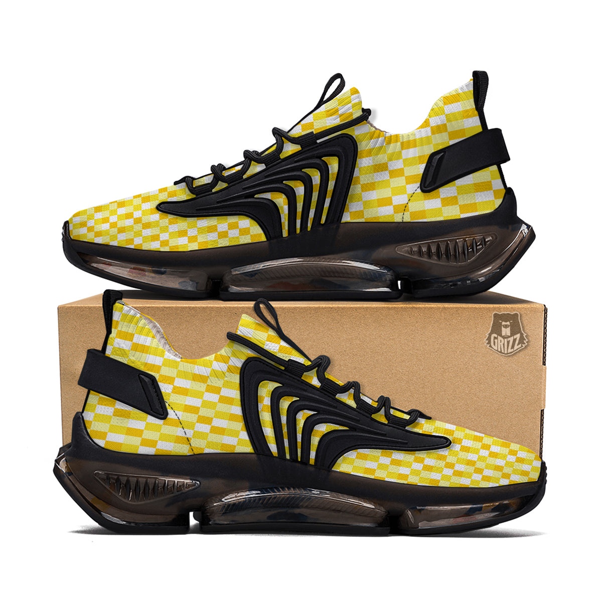 Checkered Yellow And White Print Pattern Black Gym Shoes-grizzshop