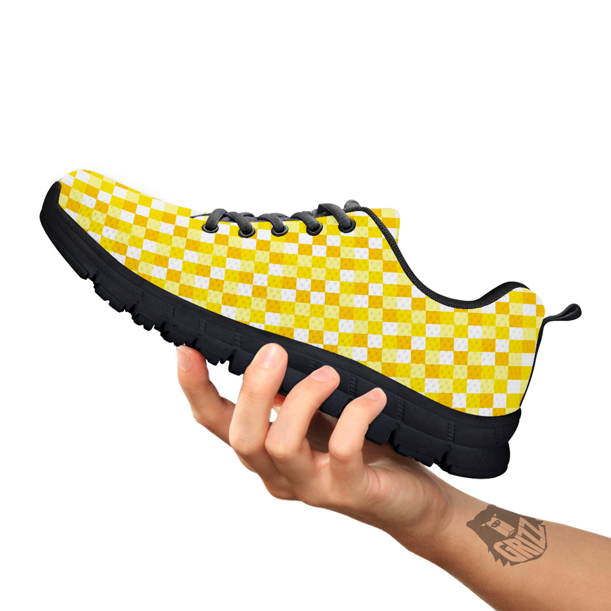 Checkered Yellow And White Print Pattern Black Sneaker-grizzshop