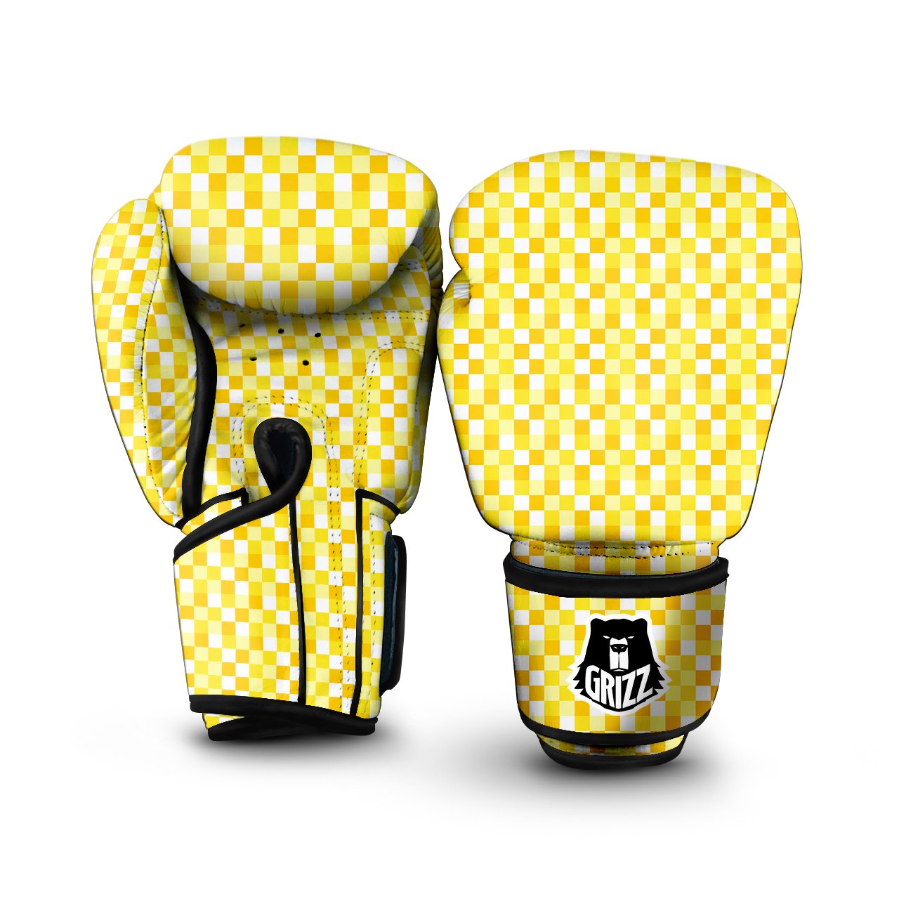 Checkered Yellow And White Print Pattern Boxing Gloves-grizzshop