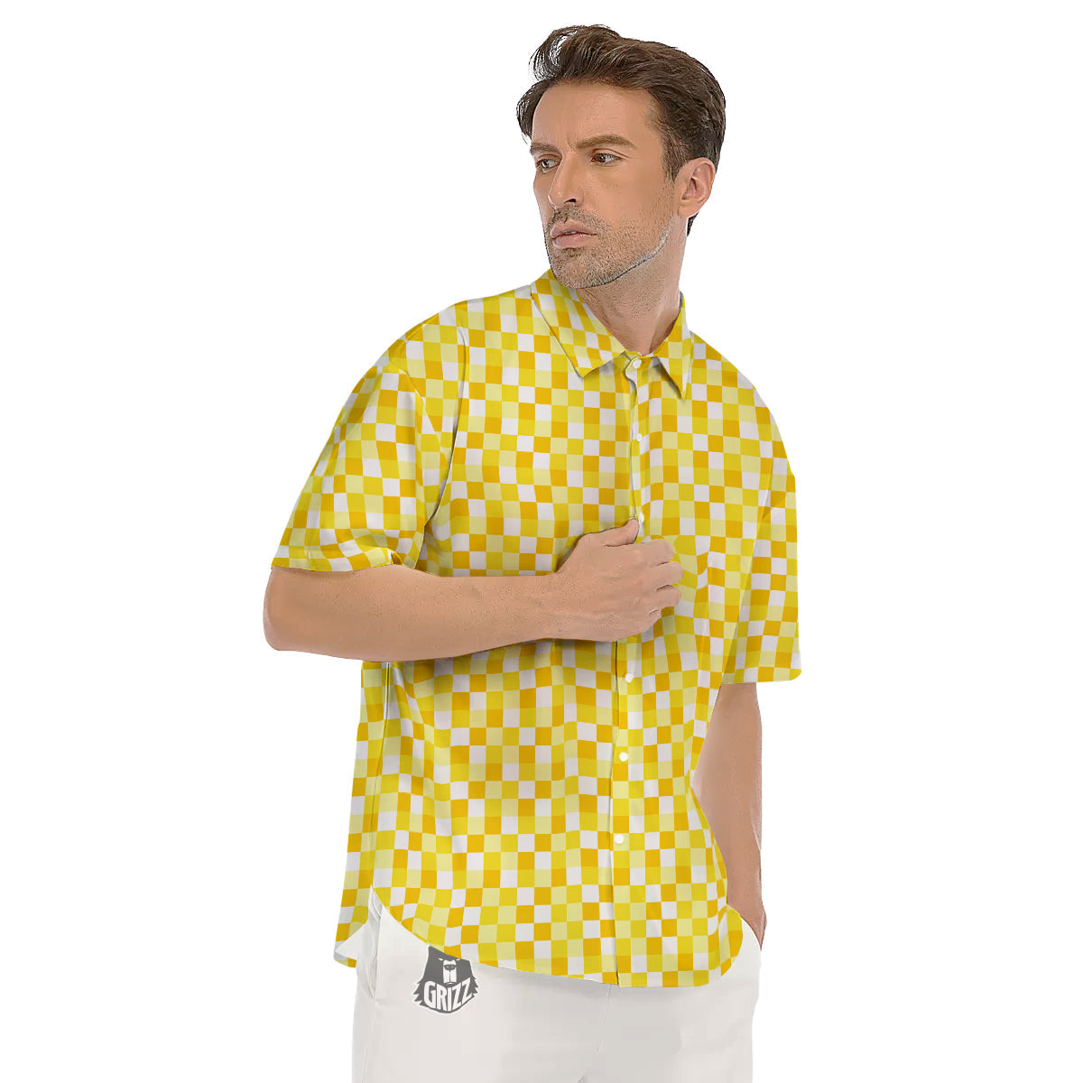 Checkered Yellow And White Print Pattern Men's Short Sleeve Shirts-grizzshop