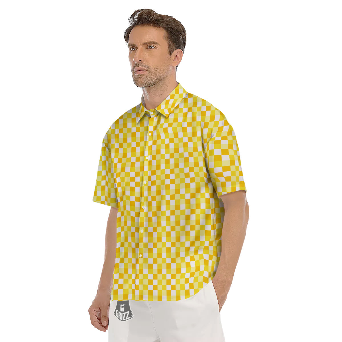 Checkered Yellow And White Print Pattern Men's Short Sleeve Shirts-grizzshop