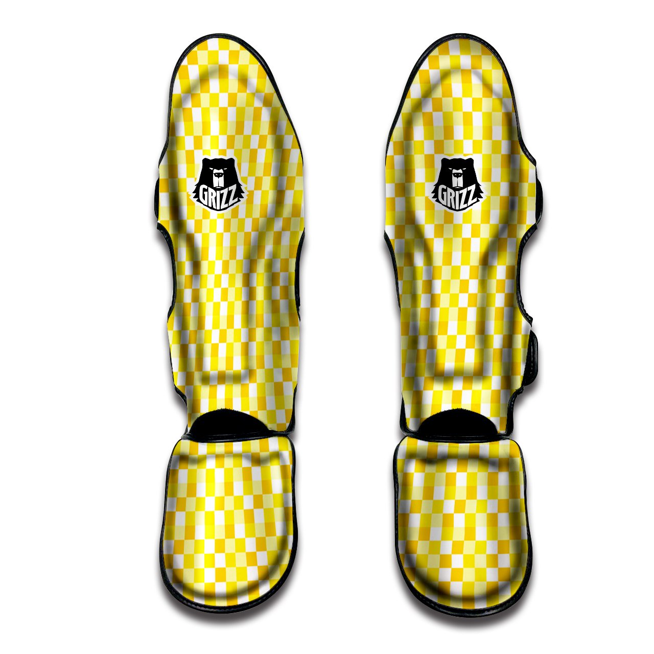 Checkered Yellow And White Print Pattern Muay Thai Shin Guards-grizzshop