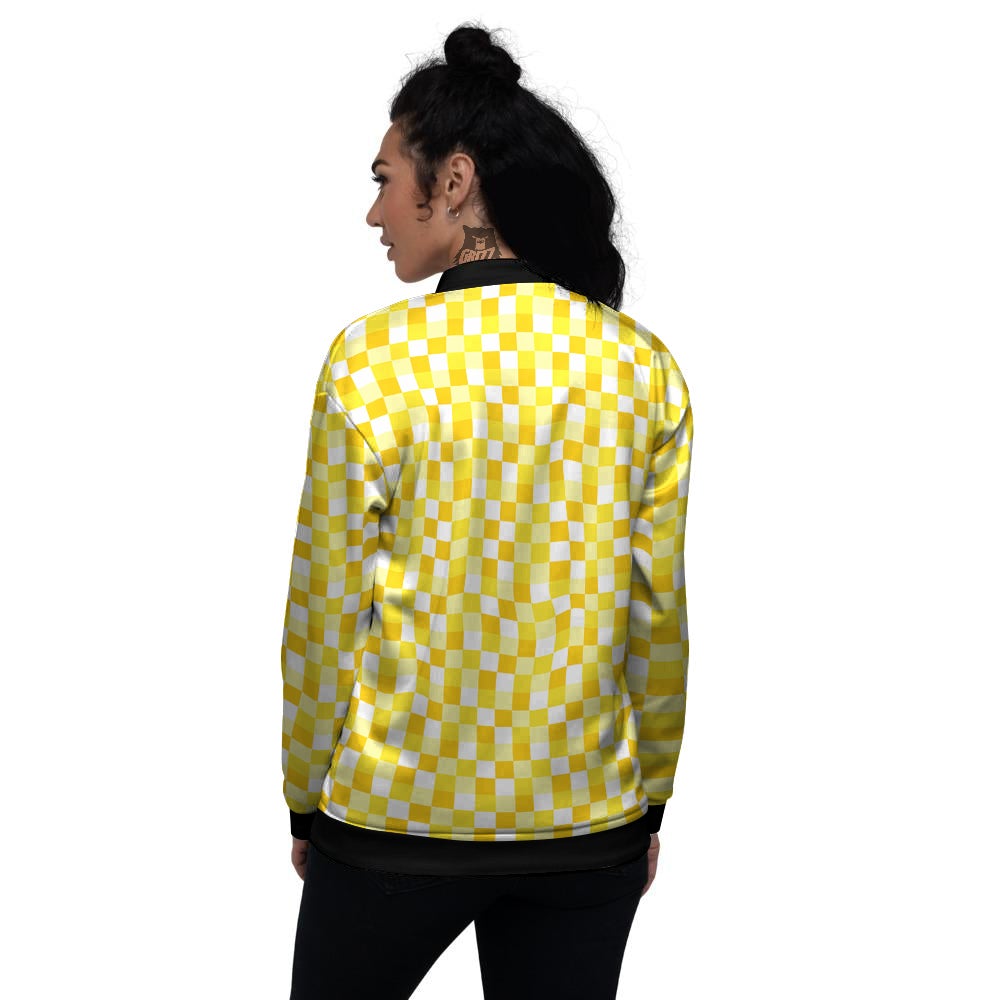Checkered Yellow And White Print Pattern Women's Bomber Jacket-grizzshop