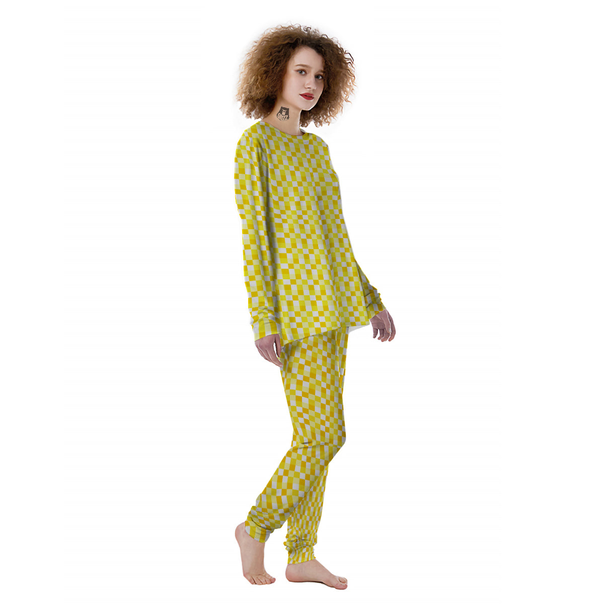 Checkered Yellow And White Print Pattern Women's Pajamas-grizzshop