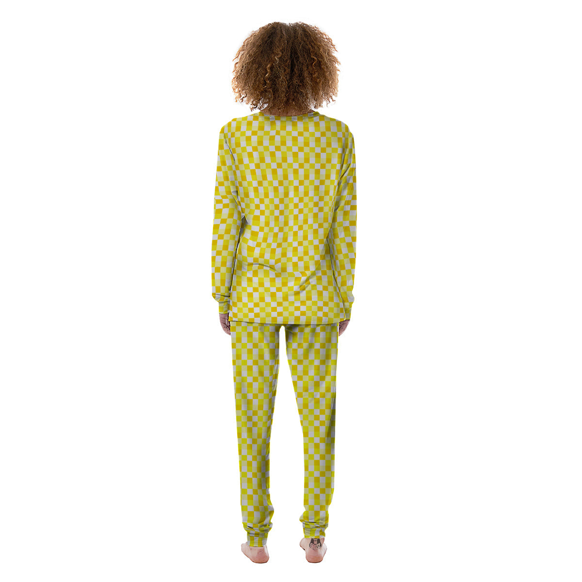 Checkered Yellow And White Print Pattern Women's Pajamas-grizzshop