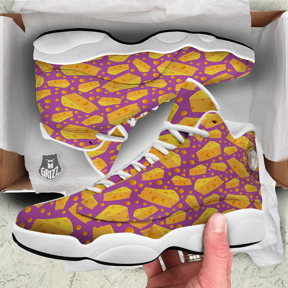 Cheese Holes And Purple Print Pattern White Basketball Shoes-grizzshop