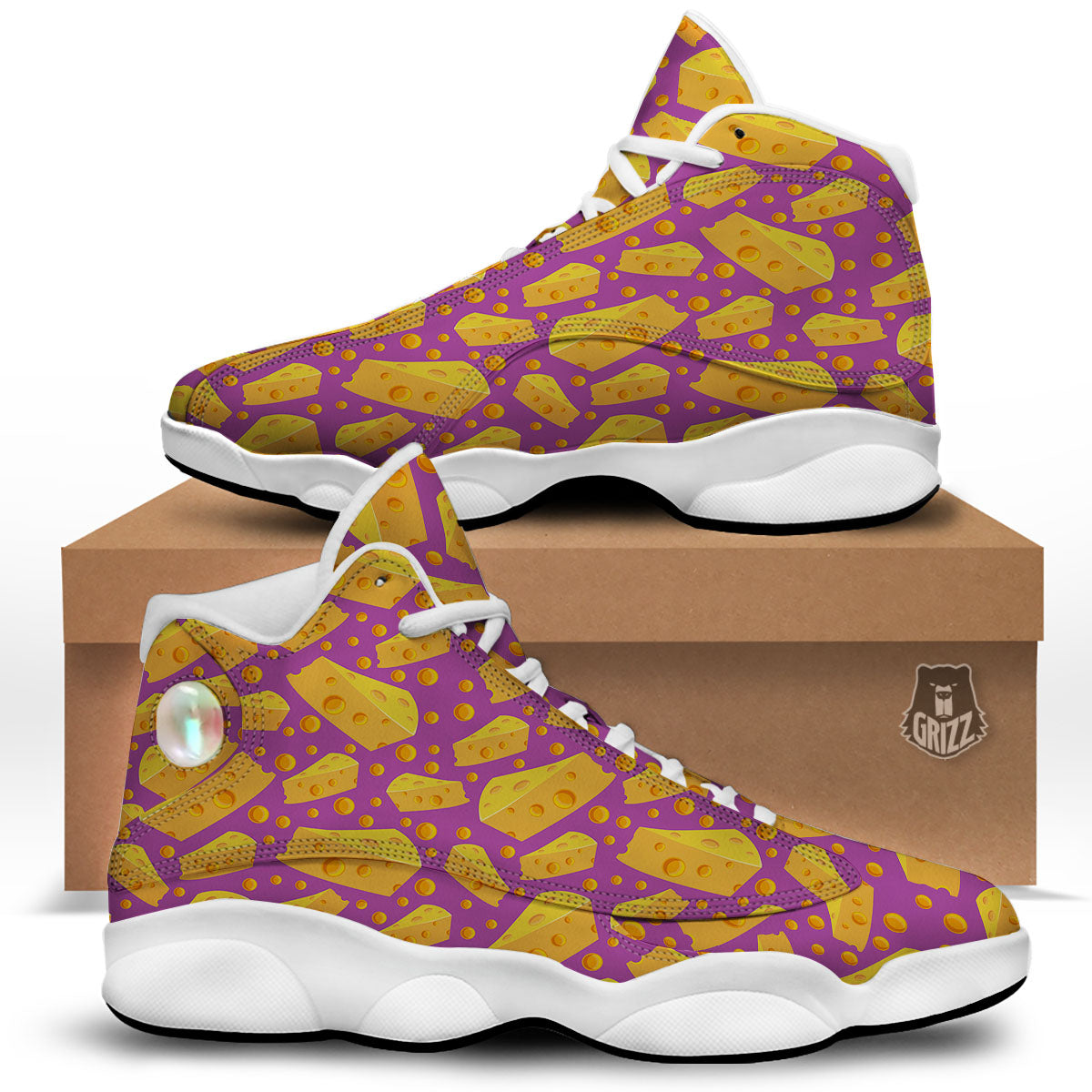 Cheese Holes And Purple Print Pattern White Basketball Shoes-grizzshop