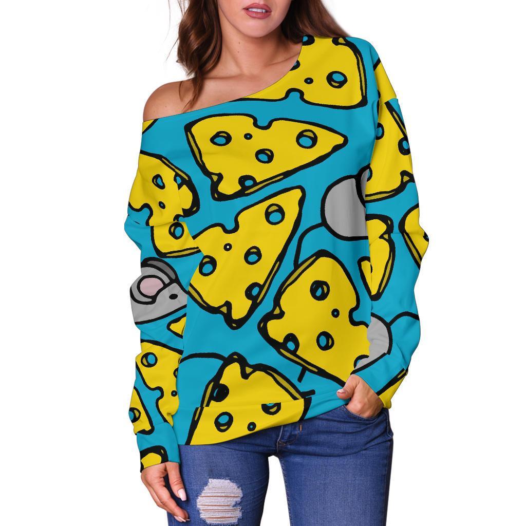 Cheese Mouse Pattern Print Women Off Shoulder Sweatshirt-grizzshop