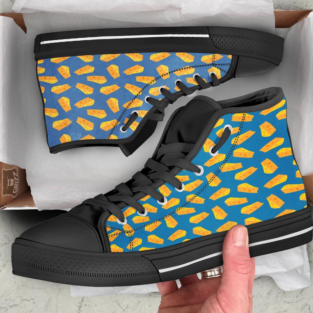 Cheese Slice Print Pattern Black High Top Shoes-grizzshop