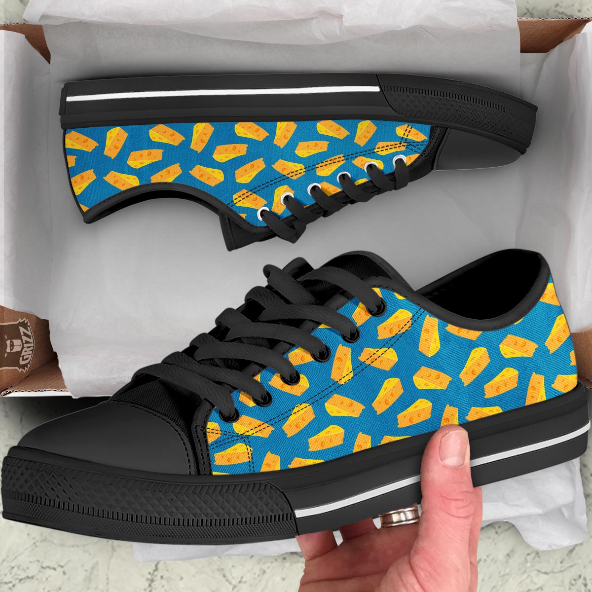 Cheese Slice Print Pattern Black Low Top Shoes-grizzshop