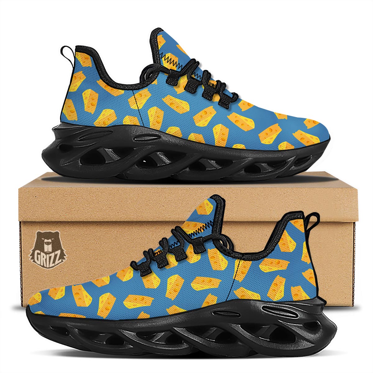 Cheese Slice Print Pattern Black Running Shoes-grizzshop