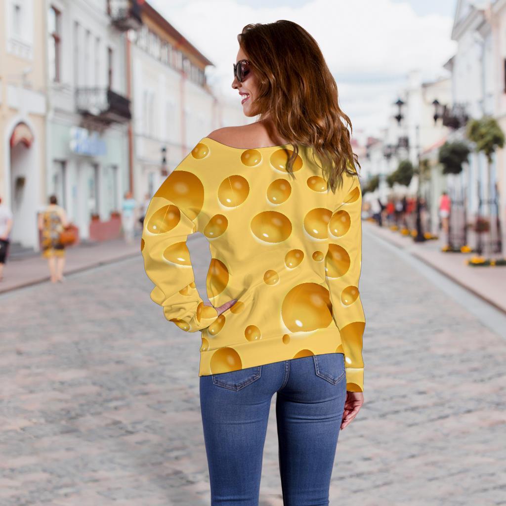 Cheese Surface Pattern Print Women Off Shoulder Sweatshirt-grizzshop