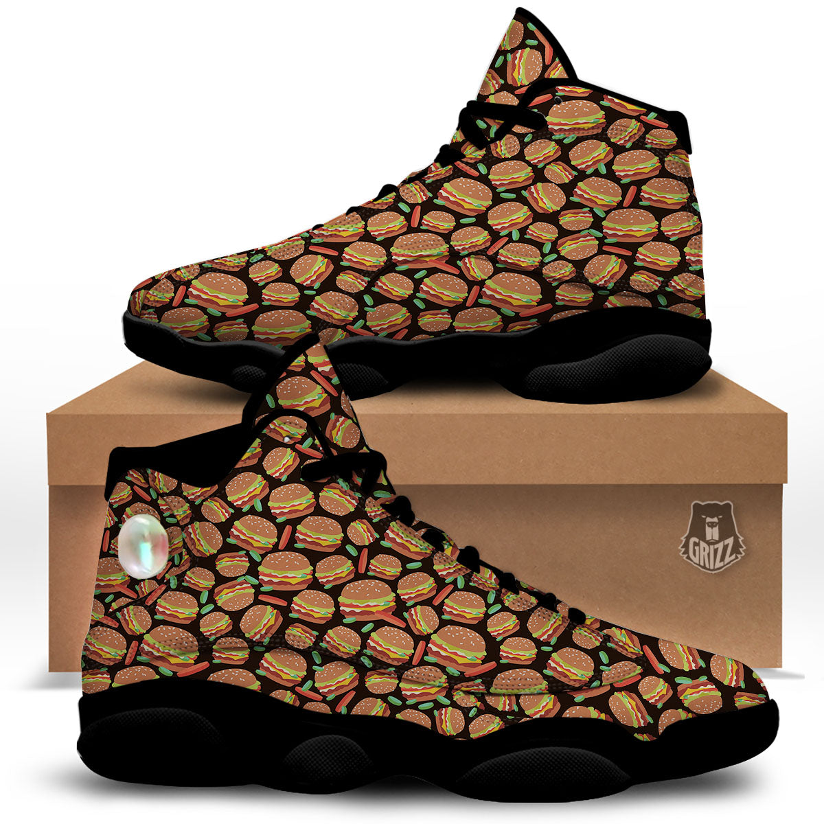 Cheeseburger Print Pattern Black Basketball Shoes-grizzshop