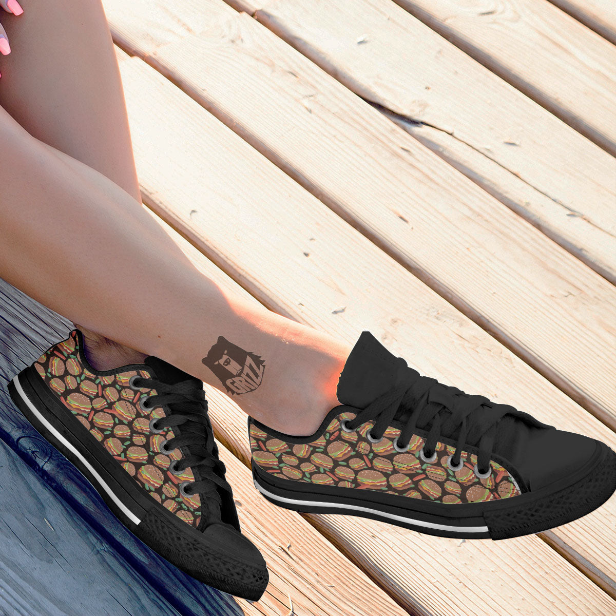 Cheeseburger Print Pattern Black Low Top Shoes-grizzshop