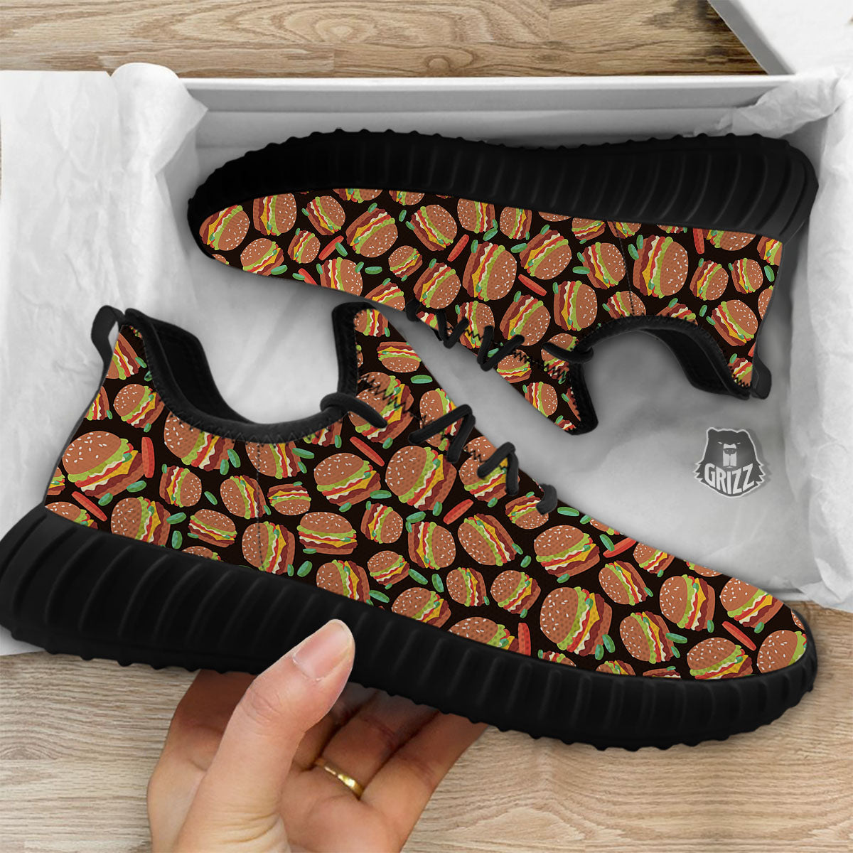 Cheeseburger Print Pattern Black Walking Shoes-grizzshop