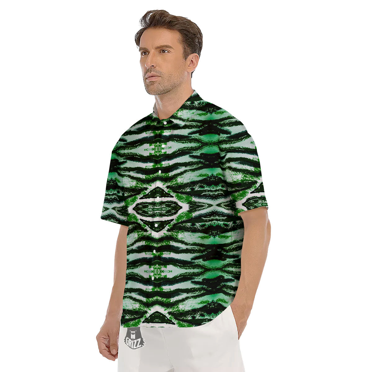 Cheetah Black And Green Print Men's Short Sleeve Shirts-grizzshop