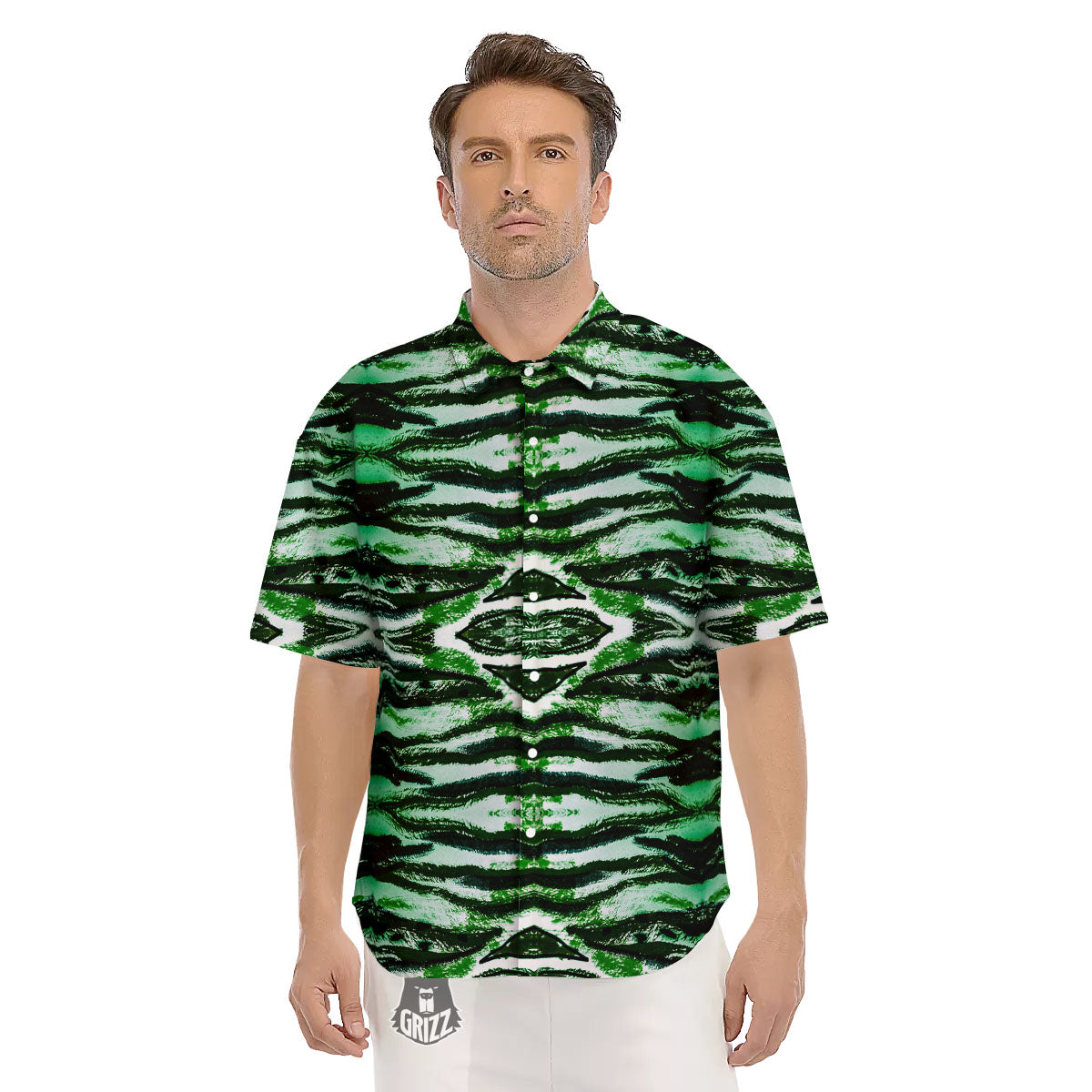 Cheetah Black And Green Print Men's Short Sleeve Shirts-grizzshop