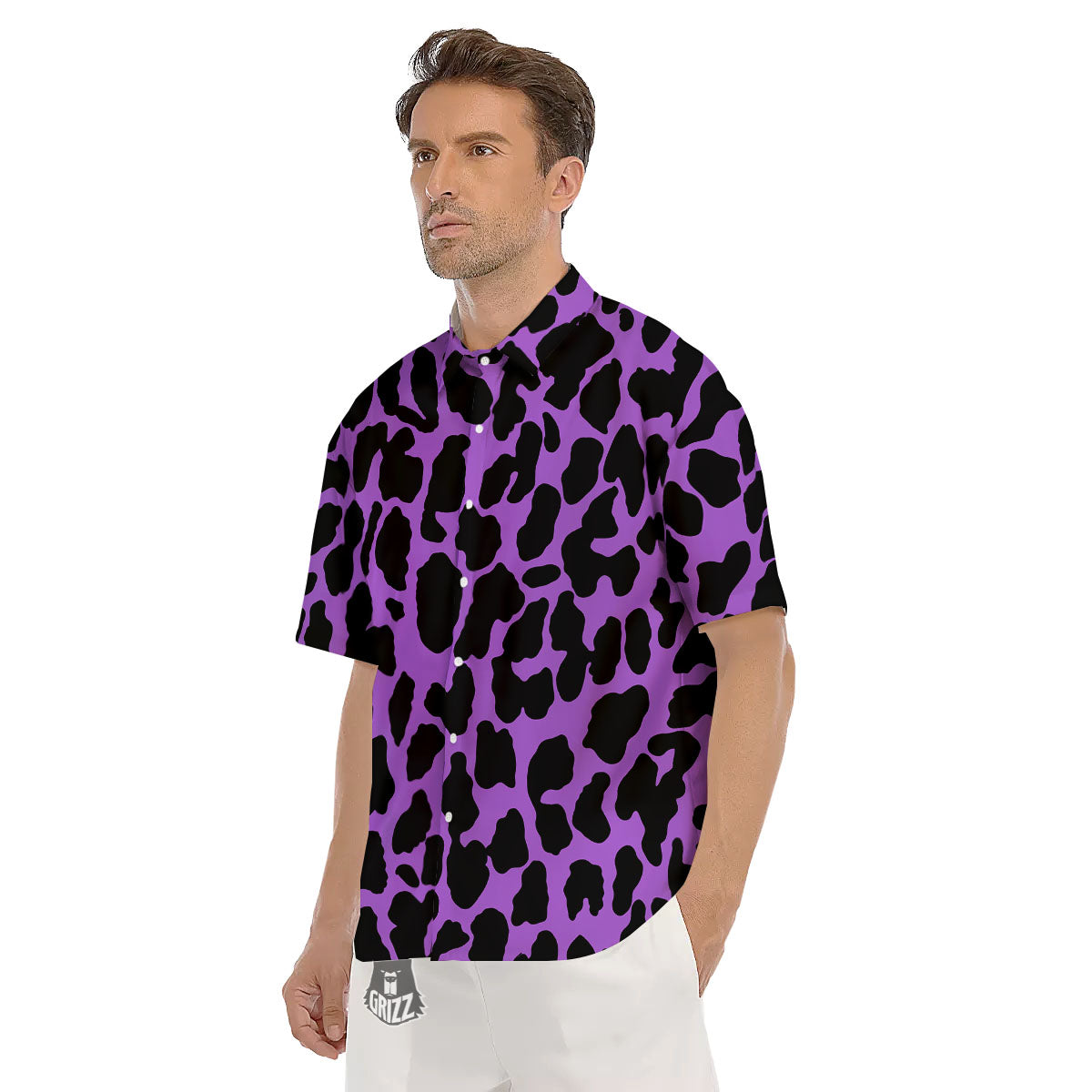 Cheetah Black And Purple Print Men's Short Sleeve Shirts-grizzshop